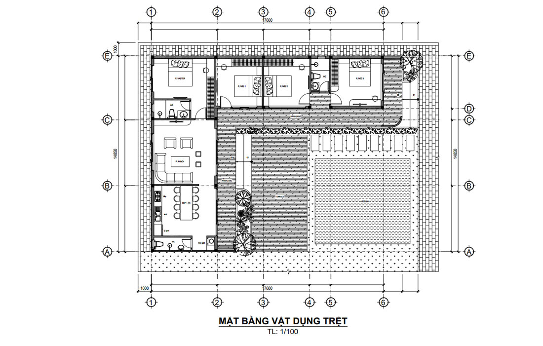 Mặt bằng biệt thự nhà vườn 1 tầng chữ L hiện đại 4 phòng ngủ tại Đồng Nai