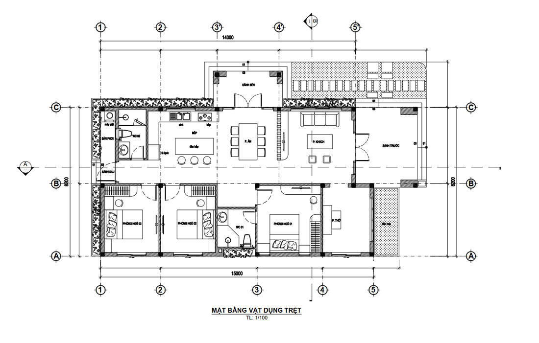 Mặt bằng công năng biệt thự nhà vườn 1 tầng mái Nhật 3 phòng ngủ 8,2x15m