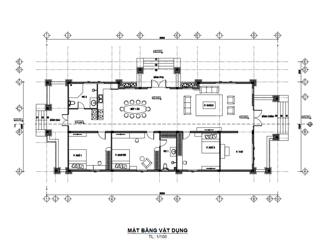 Bản vẽ mặt bằng công năng biệt thự tân cổ điển 1 tầng mái Thái 10x28m