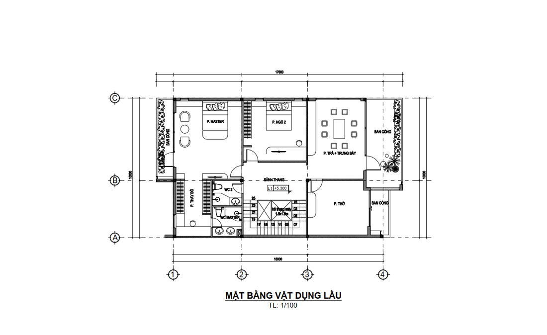 Mặt bằng lầu 1 biệt thự 2 tầng mái bằng mặt tiền 10m tại HCM