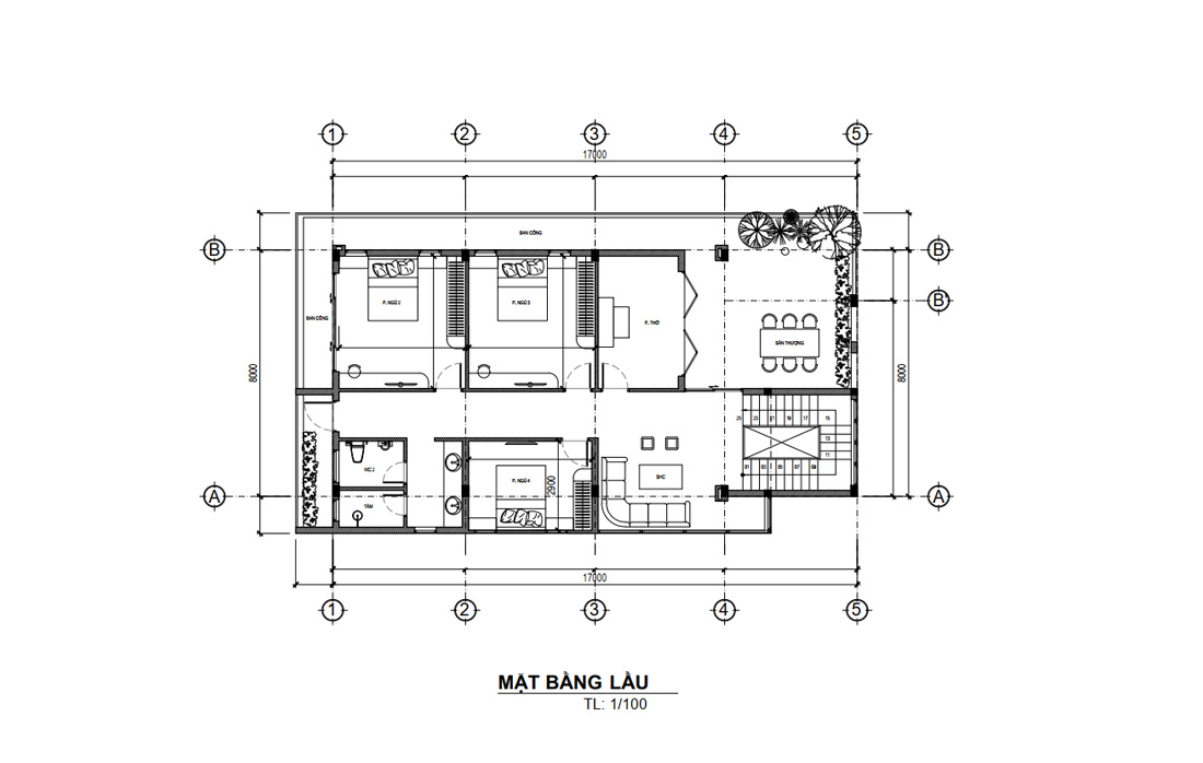 Mặt bằng lầu 1 biệt thự hiện đại 2 tầng mái bằng 4 phòng ngủ tại Tiền Giang