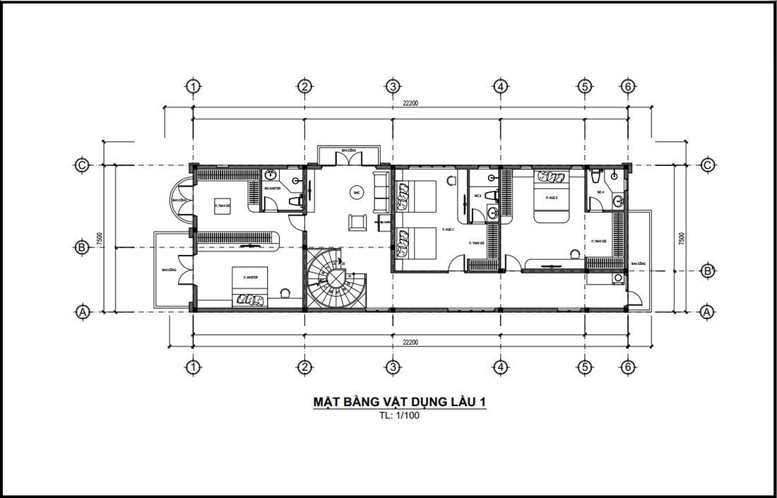 Mặt bằng lầu 1 biệt thự kiểu Pháp 3 tầng