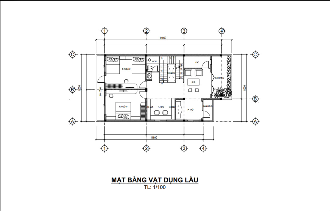 Mặt bằng lầu 1 biệt thự phố 2 tầng 1 tum hiện đại mái bằng