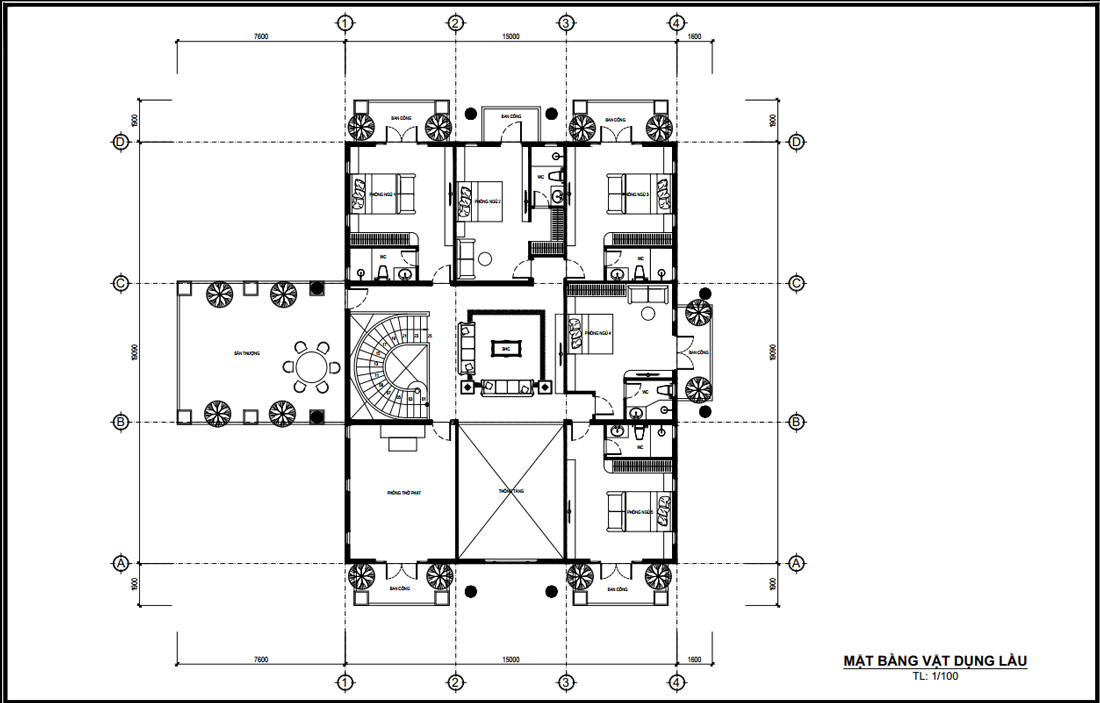 Bản vẽ mặt bằng lầu 1 biệt thự tân cổ điển 2 tầng mái Nhật 15x19m