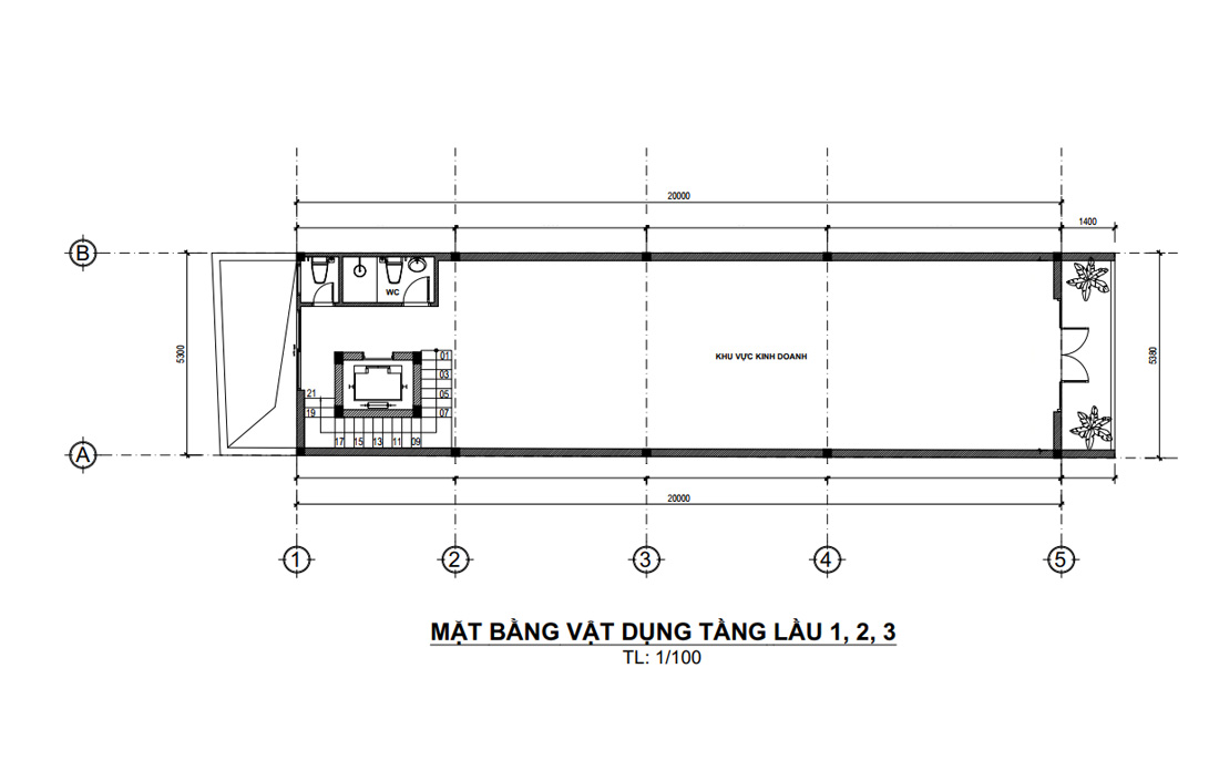 Mặt bằng lầu 1-2-3 nhà phố 4 tầng 1 tum kết hợp vừa ở vừa kinh doanh