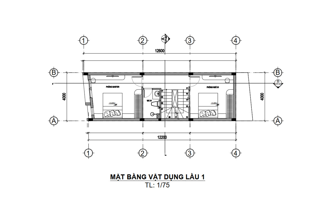 Mặt bằng công năng lầu 1 nhà phố 3 tầng 1 tum 4 phòng ngủ mặt tiền 4m