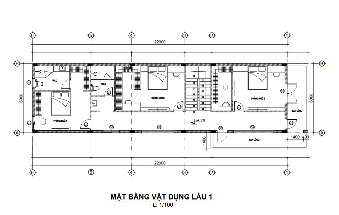 Mặt bằng lầu 1 nhà phố 3 tầng 5 phòng ngủ 132m2 tại Bình Phước
