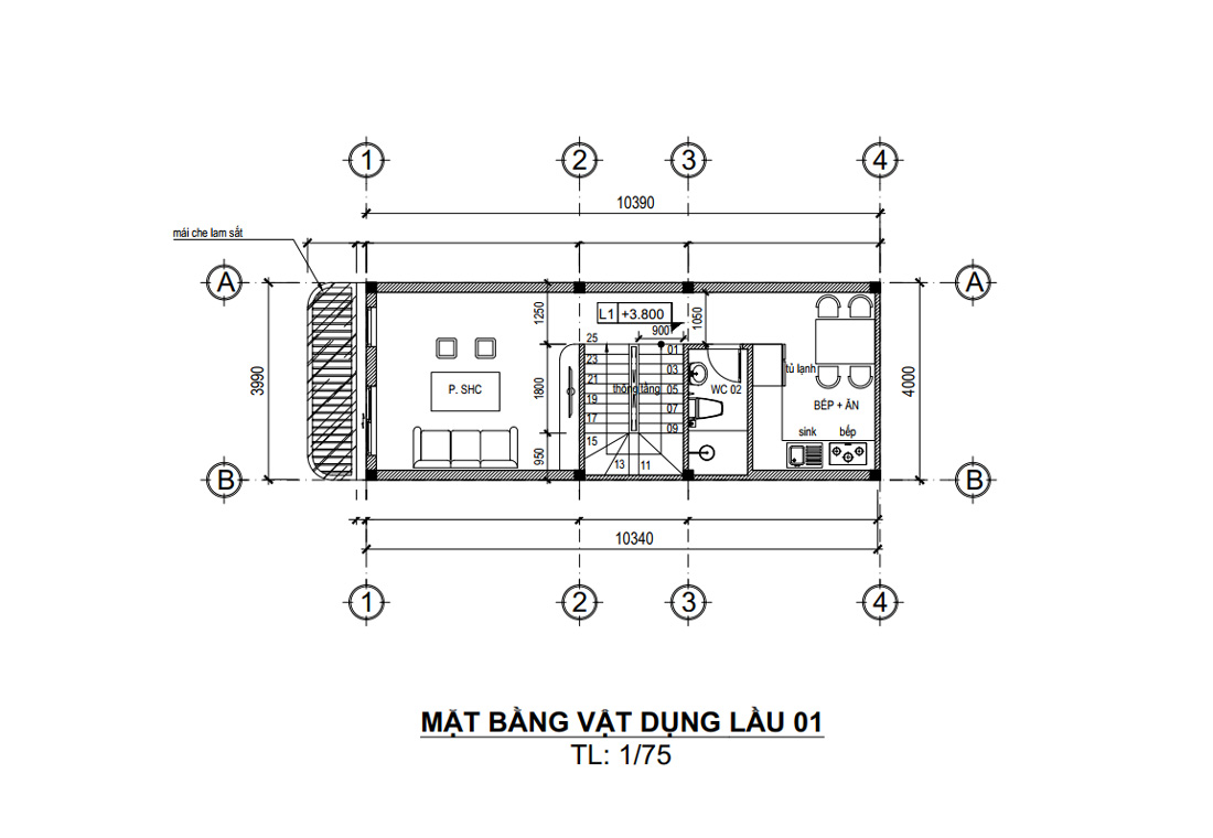 Mặt bằng lầu 1 nhà phố 4 tầng 1 tum 4x10m 5 phòng ngủ hiện đại tại HCM