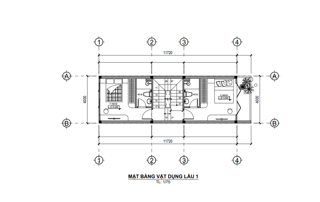 Mặt bằng lầu 1 nhà phố 4 tầng hiện đại mặt tiền 4m tại HCM