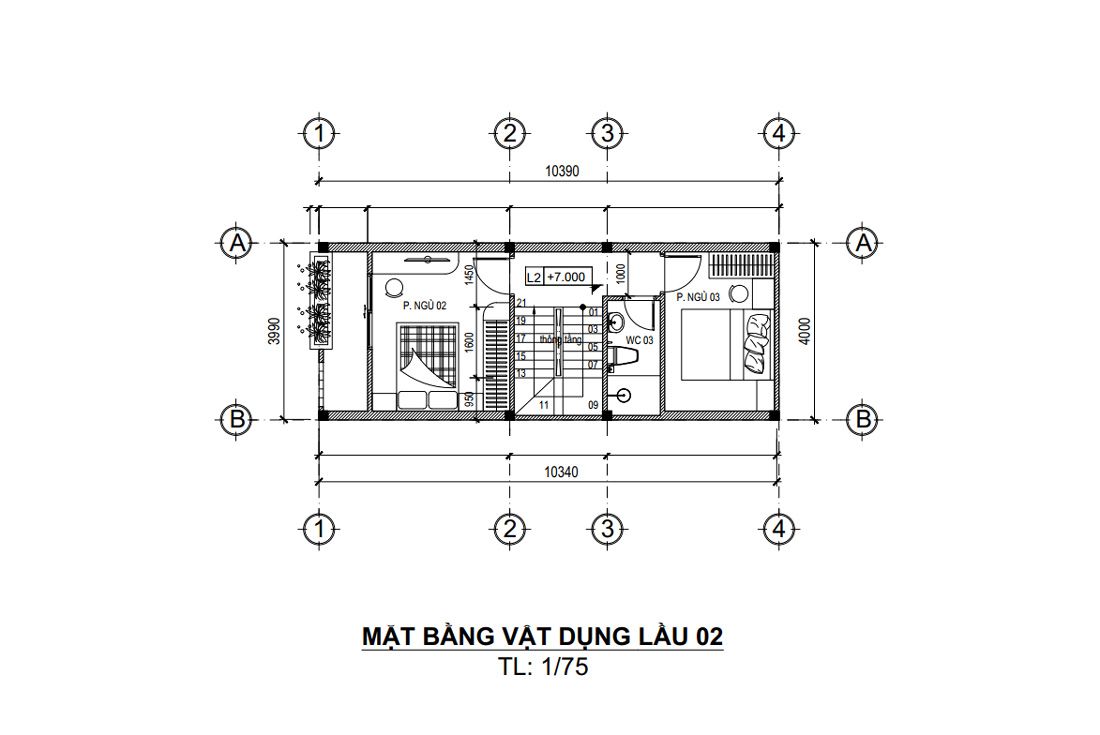 Mặt bằng lầu 2 nhà phố 4 tầng 1 tum 4x10m 5 phòng ngủ hiện đại tại HCM