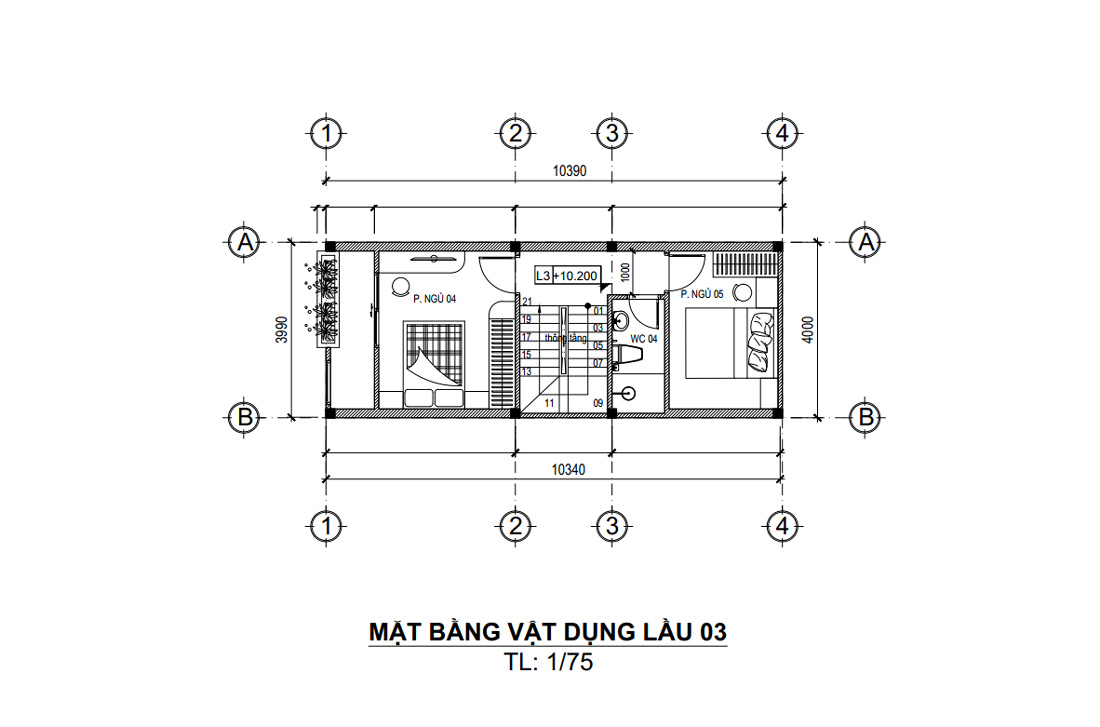 Mặt bằng lầu 3 nhà phố 4 tầng 1 tum 4x10m 5 phòng ngủ hiện đại tại HCM