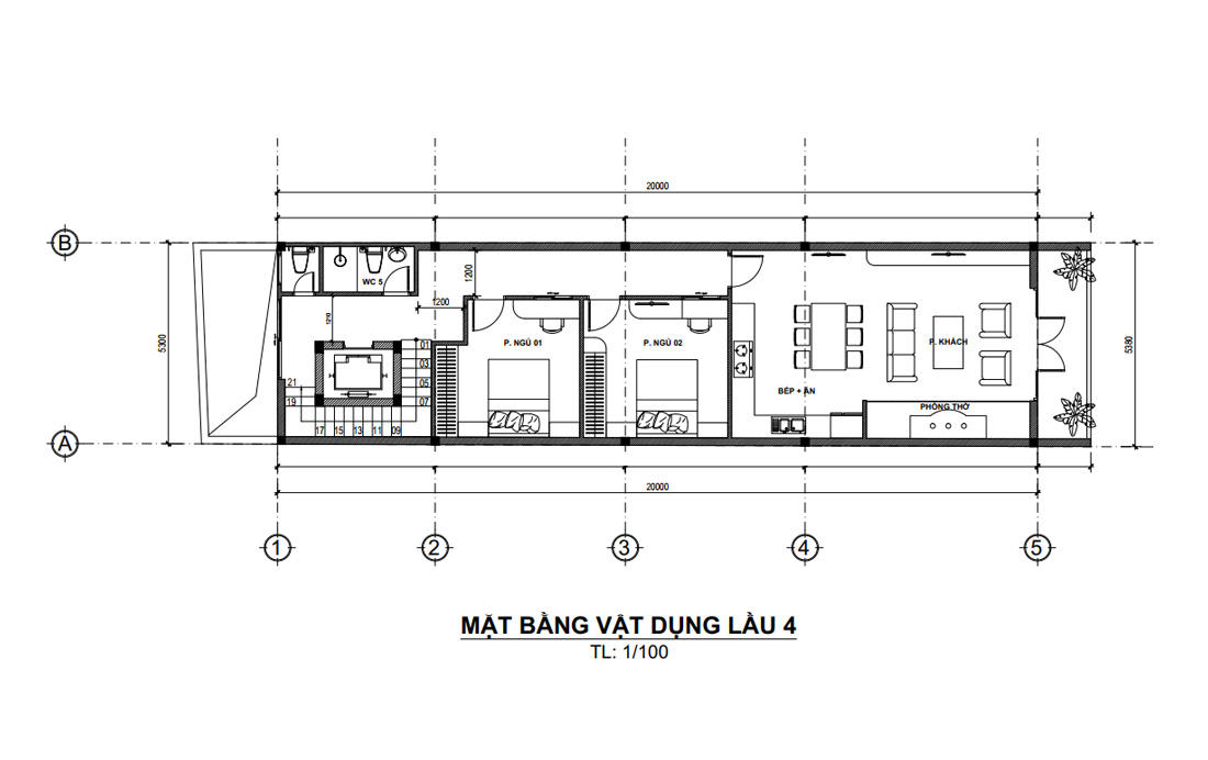Mặt bằng lầu 4 nhà phố 4 tầng 1 tum kết hợp vừa ở vừa kinh doanh