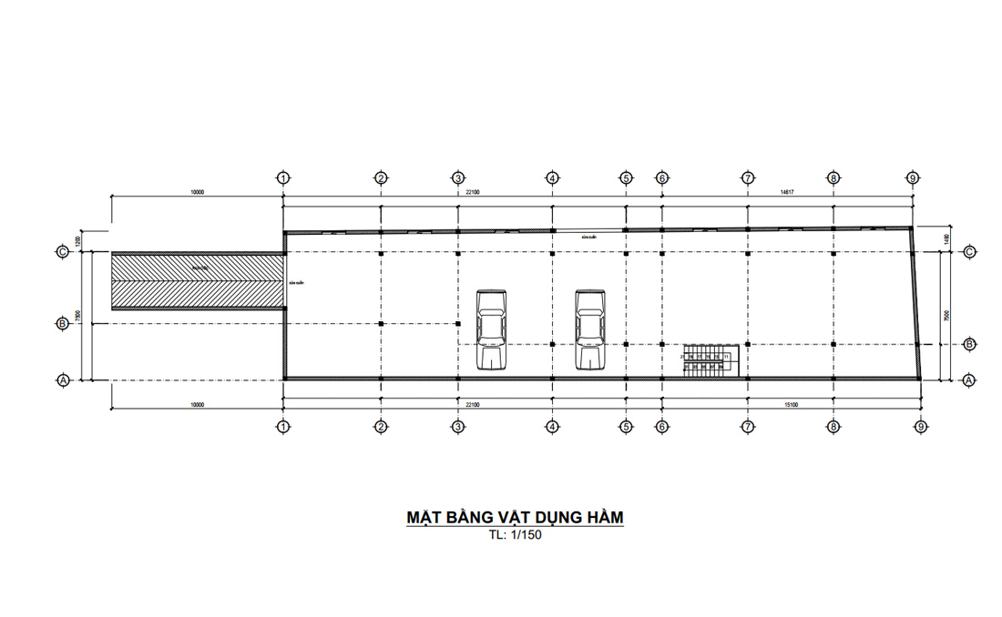 Mặt bằng tầng hầm biệt thự mái Nhật 3 tầng 6 phòng ngủ tân cổ điển tại Bình Dương