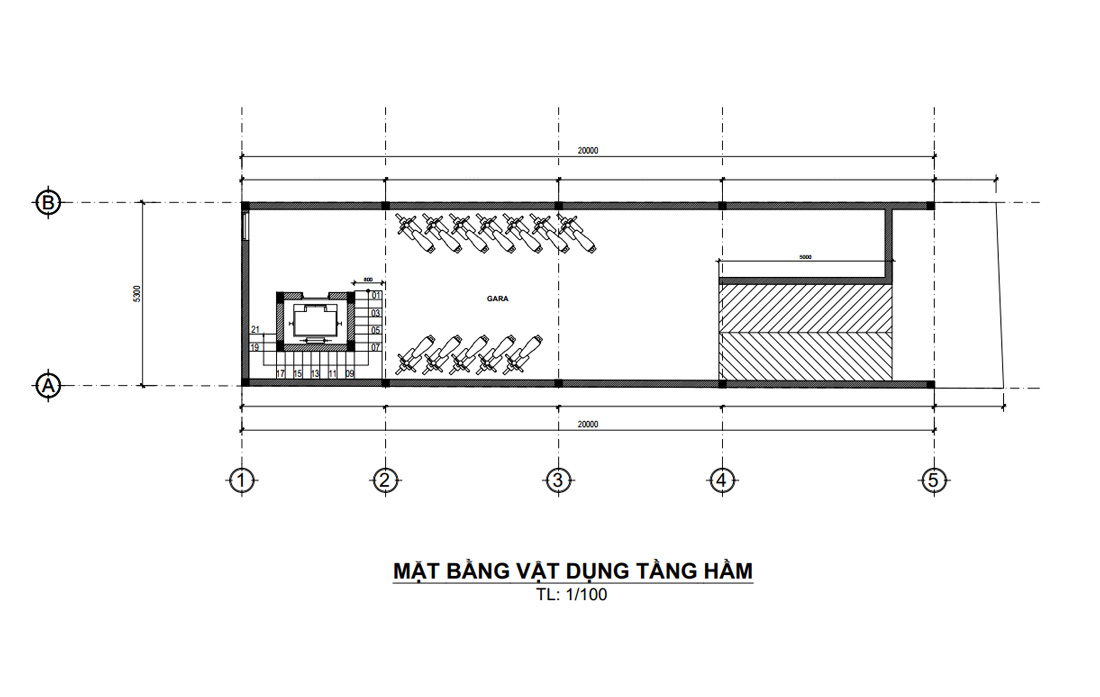 Mặt bằng tầng hầm nhà phố 4 tầng 1 tum kết hợp vừa ở vừa kinh doanh