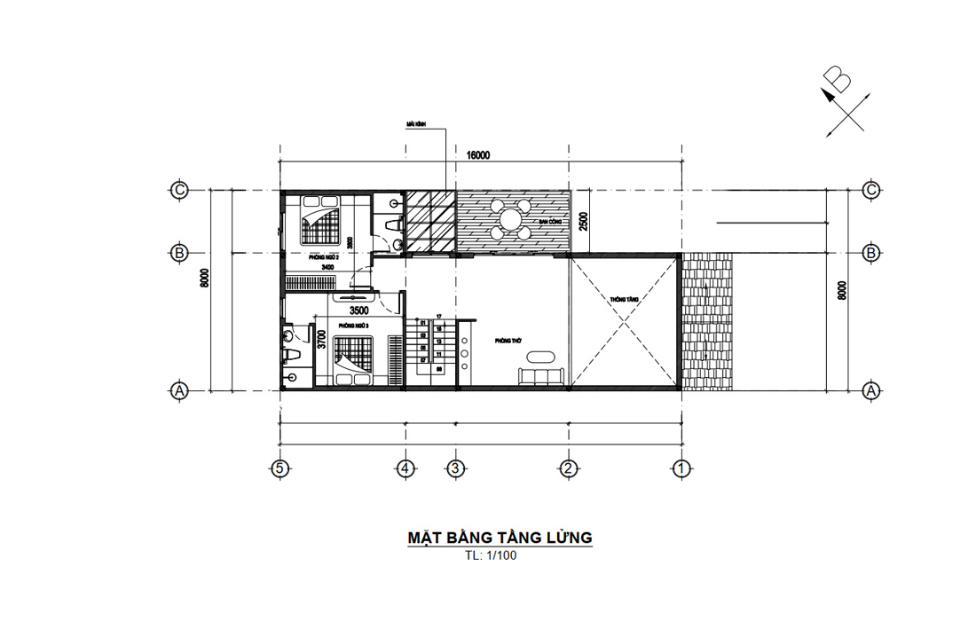 Mặt bằng lầu 1 biệt thự 1 tầng có gác lửng mặt tiền 8m 3 phòng ngủ
