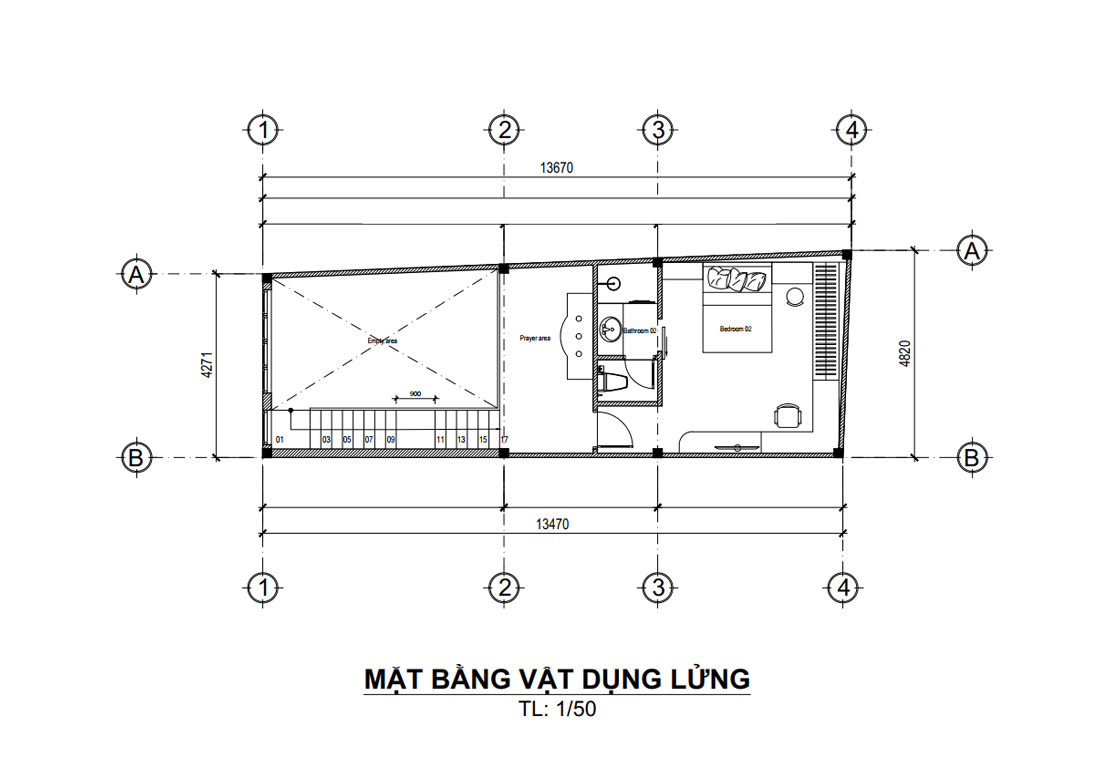 Mặt bằng tầng lửng nhà phố 1 trệt 1 lửng 2 phòng ngủ 1 phòng thờ