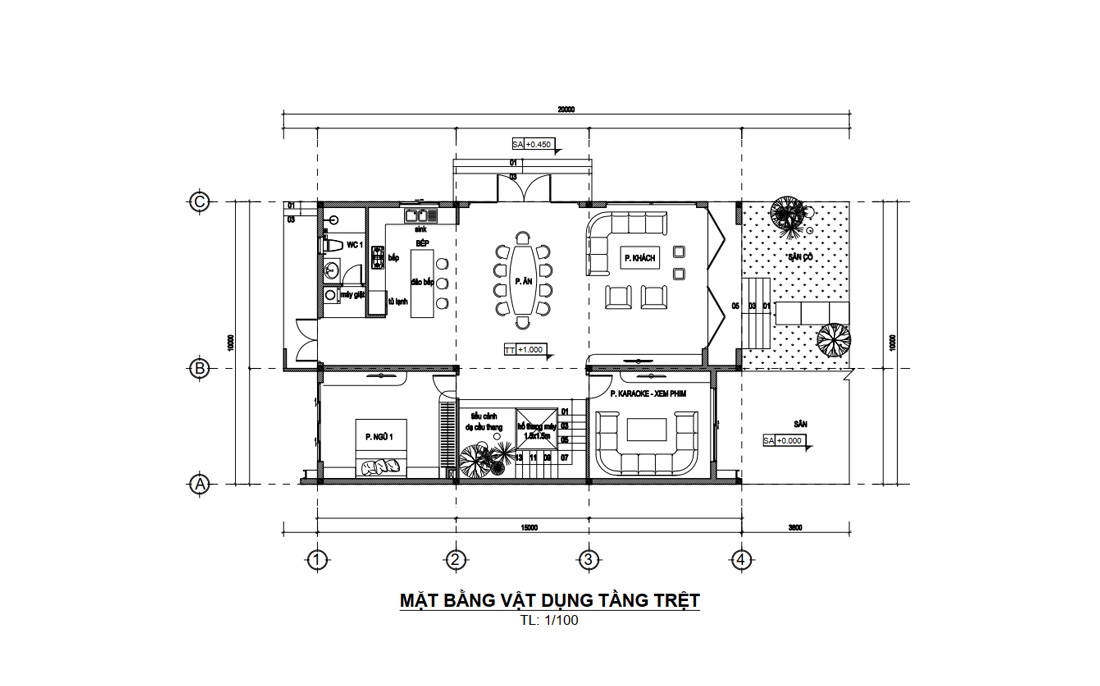 Mặt bằng tầng trệt biệt thự 2 tầng mái bằng mặt tiền 10m tại HCM