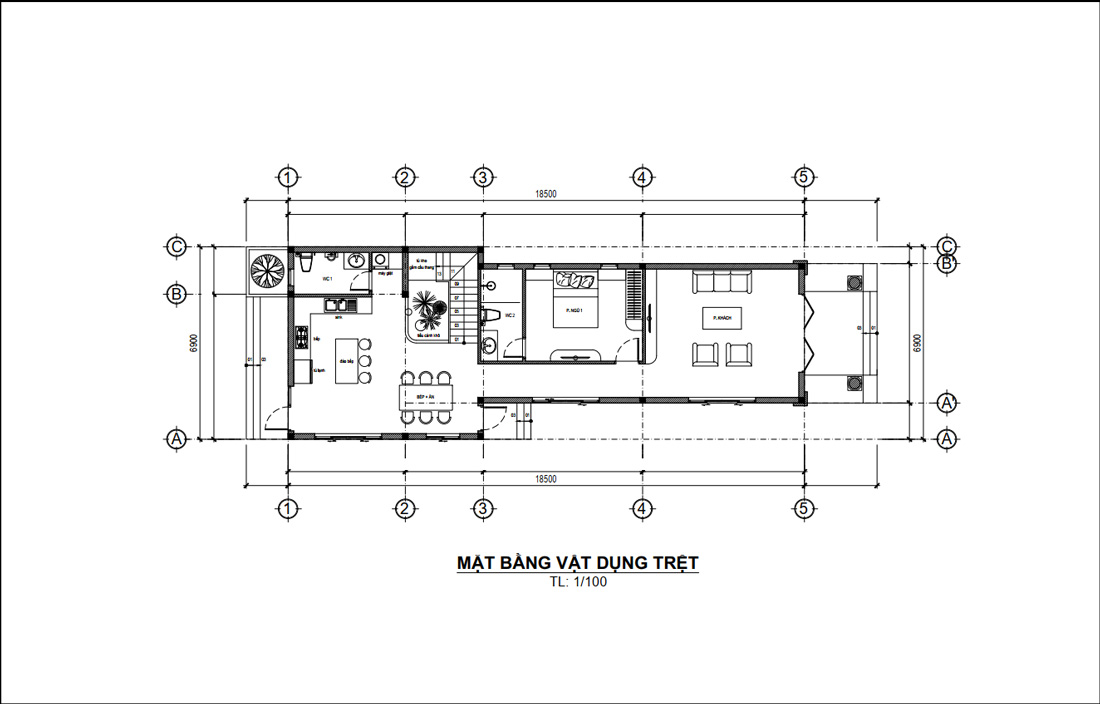 Mặt bằng tầng trệt biệt thự 2 tầng tân cổ điển mái Thái 7x18,5m