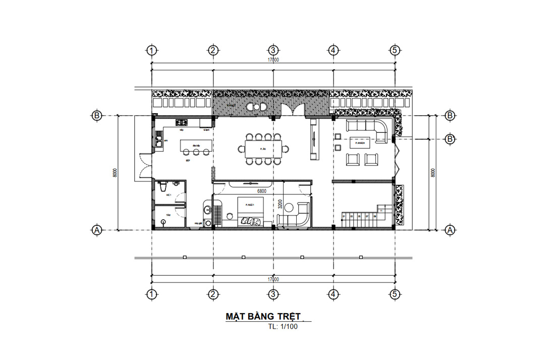 Mặt bằng tầng trệt biệt thự hiện đại 2 tầng mái bằng 4 phòng ngủ tại Tiền Giang
