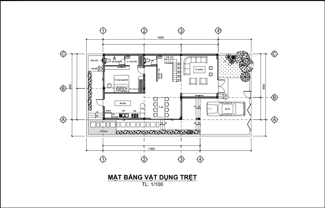 Mặt bằng tầng trệt biệt thự phố 2 tầng 1 tum hiện đại mái bằng