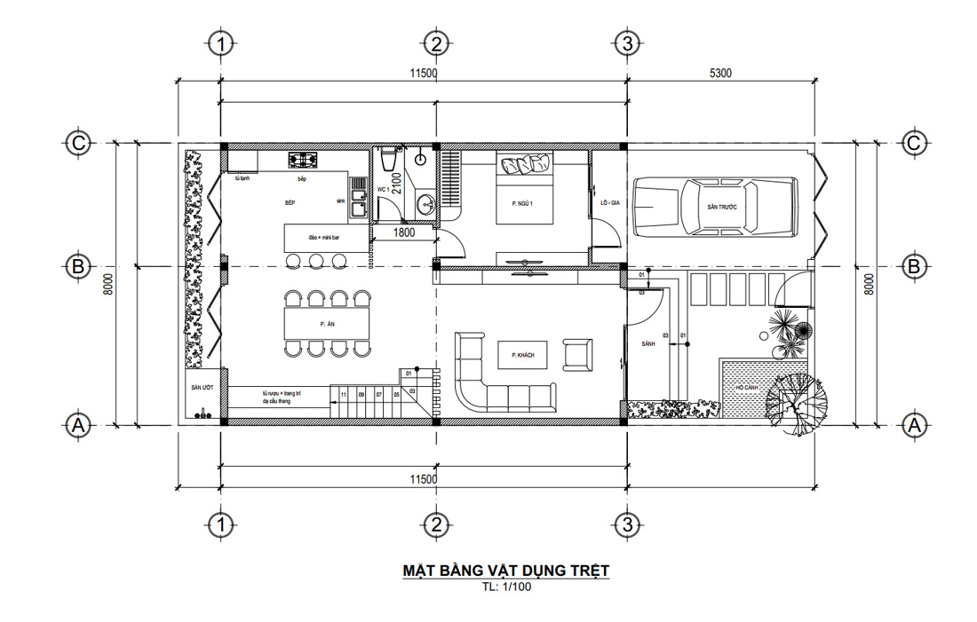 Mặt bằng tầng trệt biệt thự phố 2 tầng 1 tum mặt tiền 8m tại Hà Tĩnh