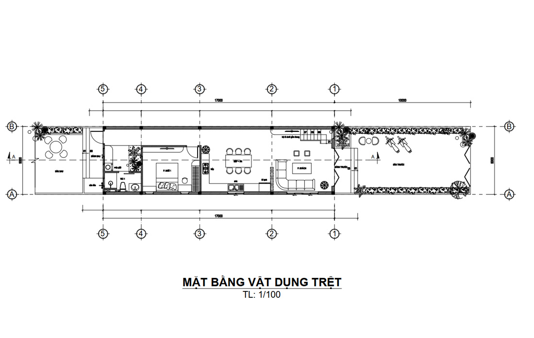 Mặt bằng tầng trệt nhà phố 1 tầng 1 lửng hiện đại mặt tiền 5m
