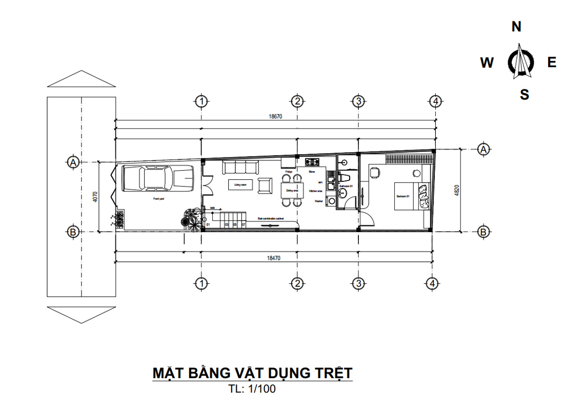 Mặt bằng tầng trệt nhà phố 1 trệt 1 lửng 2 phòng ngủ 1 phòng thờ