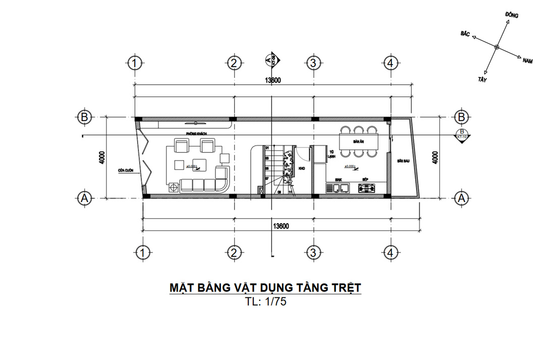 Mặt bằng công năng tầng trệt nhà phố 3 tầng 1 tum 4 phòng ngủ mặt tiền 4m