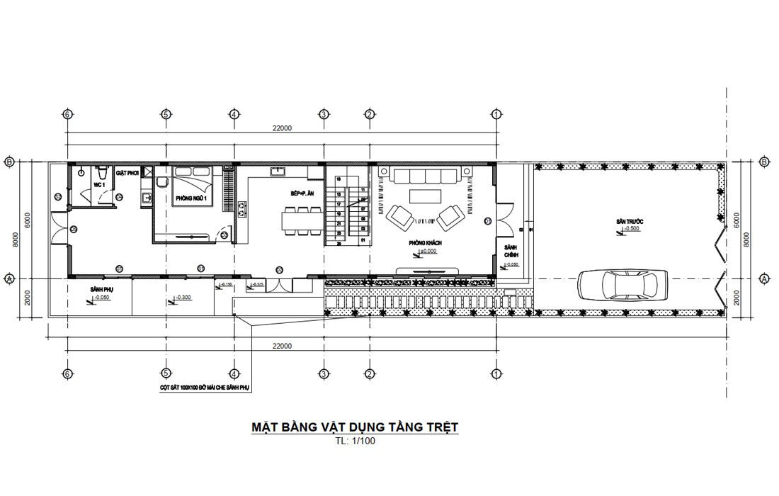Mặt bằng tầng trệt nhà phố 3 tầng 5 phòng ngủ 132m2 tại Bình Phước