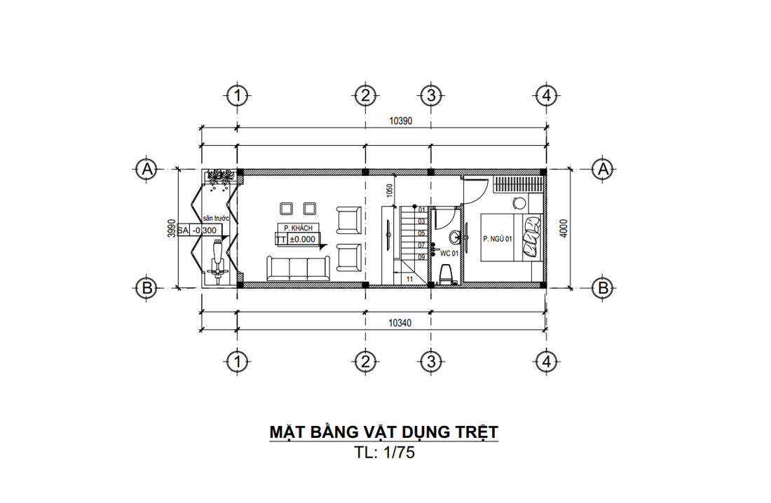 Mặt bằng tầng trệt nhà phố 4 tầng 1 tum 4x10m 5 phòng ngủ hiện đại tại HCM