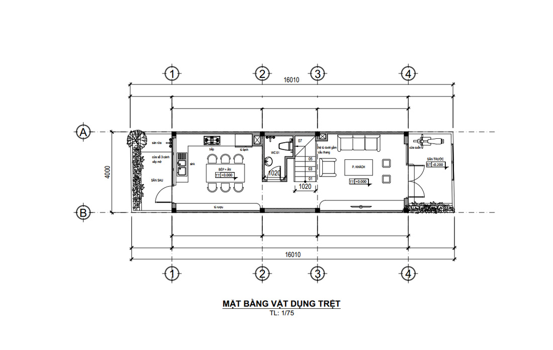 Mặt bằng tầng trệt nhà phố 4 tầng hiện đại mặt tiền 4m tại HCM