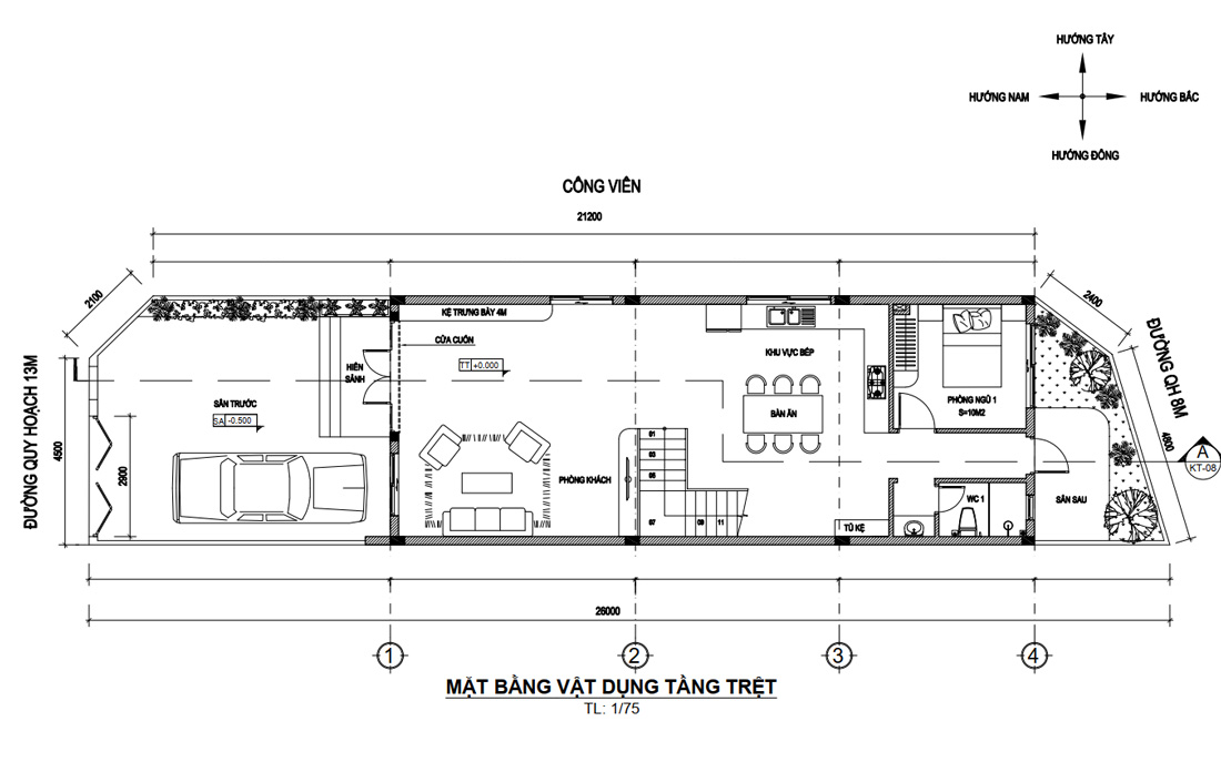 Mặt bằng tầng trệt nhà phố hiện đại 2 tầng 4 phòng ngủ có gara 6x15.5m tại Gia Lai
