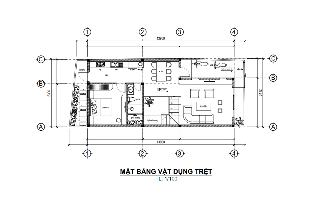 Mặt bằng tầng trệt nhà phố hiện đại 2 tầng mái bằng 3 phòng ngủ