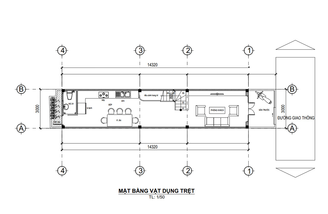 Mặt bằng tầng trệt nhà phố hiện đại 3 tầng mặt tiền 3m tại HCM