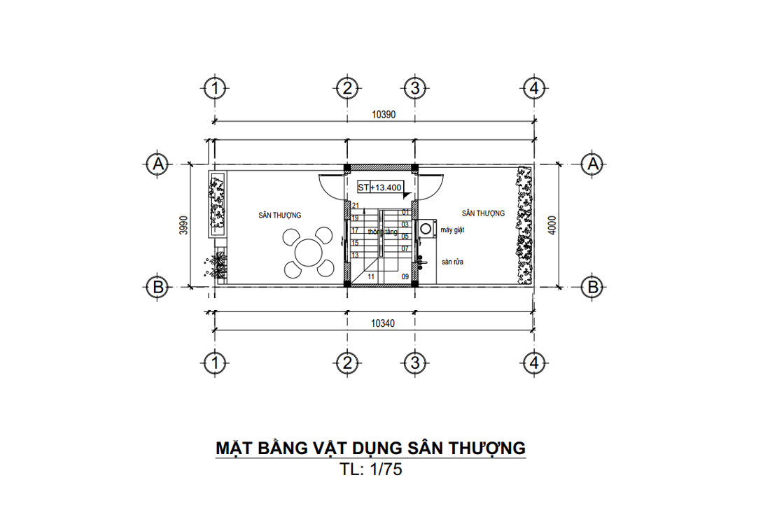 Mặt bằng tầng tum nhà phố 4 tầng 1 tum 4x10m 5 phòng ngủ hiện đại tại HCM