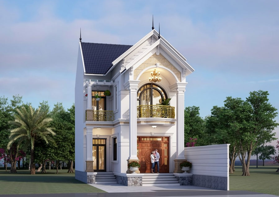 Mẫu thiết kế nhà mái ngói 2 tầng chữ L