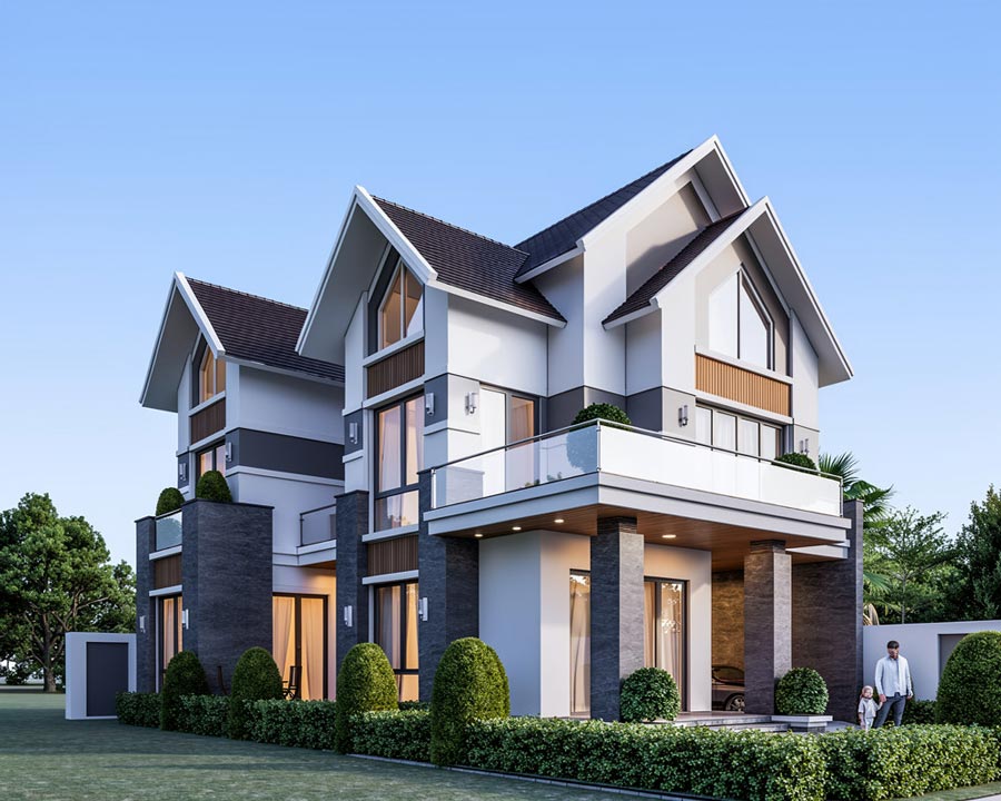 Thiết kế nhà mái ngói 2 tầng có gara