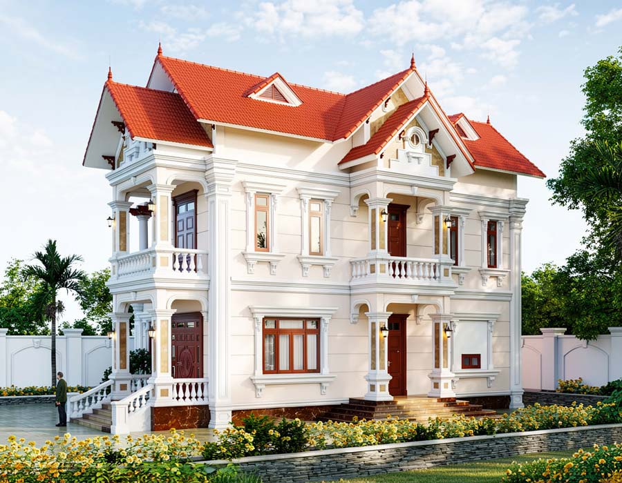 Mẫu thiết kế nhà 2 tầng mái ngói tân cổ điển