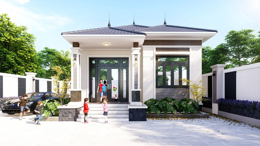 Mẫu thiết kế nhà ngang 8m dài 14m 1 tầng mái Nhật