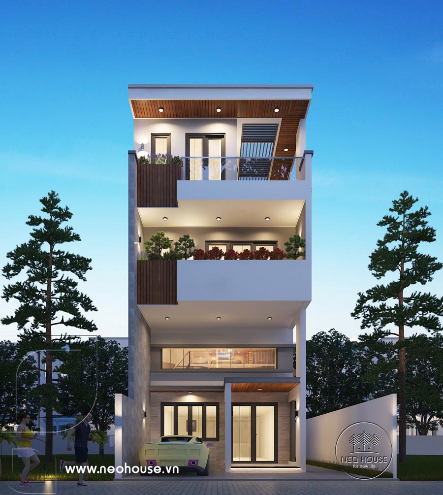 Phối cảnh 3D nhà phố hiện đại 3 tầng 1 lửng mặt tiền 6m tại Hóc Môn, HCM. Ảnh 1