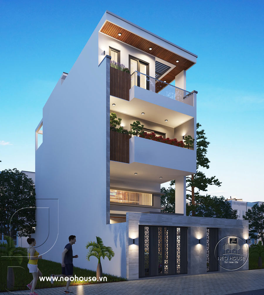 Phối cảnh 3D nhà phố hiện đại 3 tầng 1 lửng mặt tiền 6m tại Hóc Môn, HCM. Ảnh 3