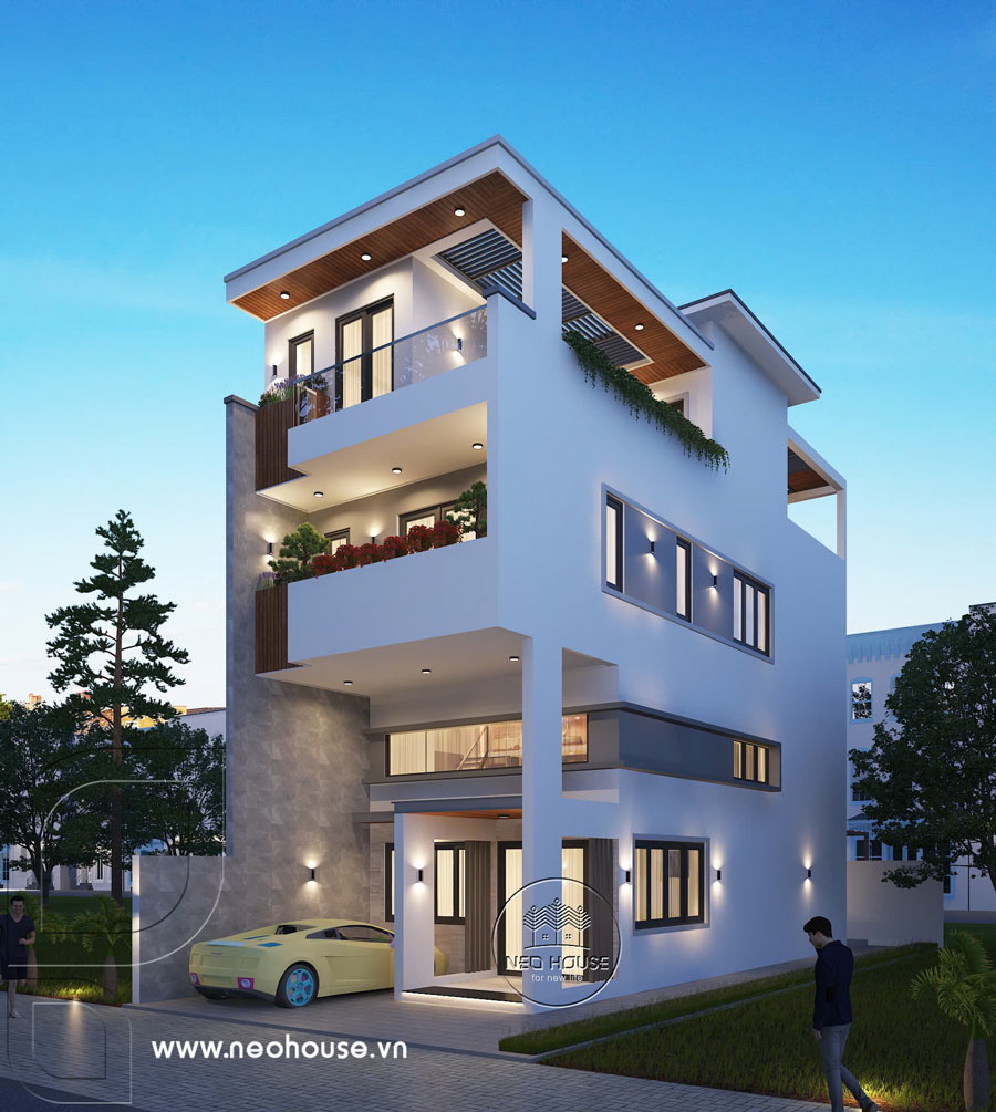 Phối cảnh 3D nhà phố hiện đại 3 tầng 1 lửng mặt tiền 6m tại Hóc Môn, HCM. Ảnh 4