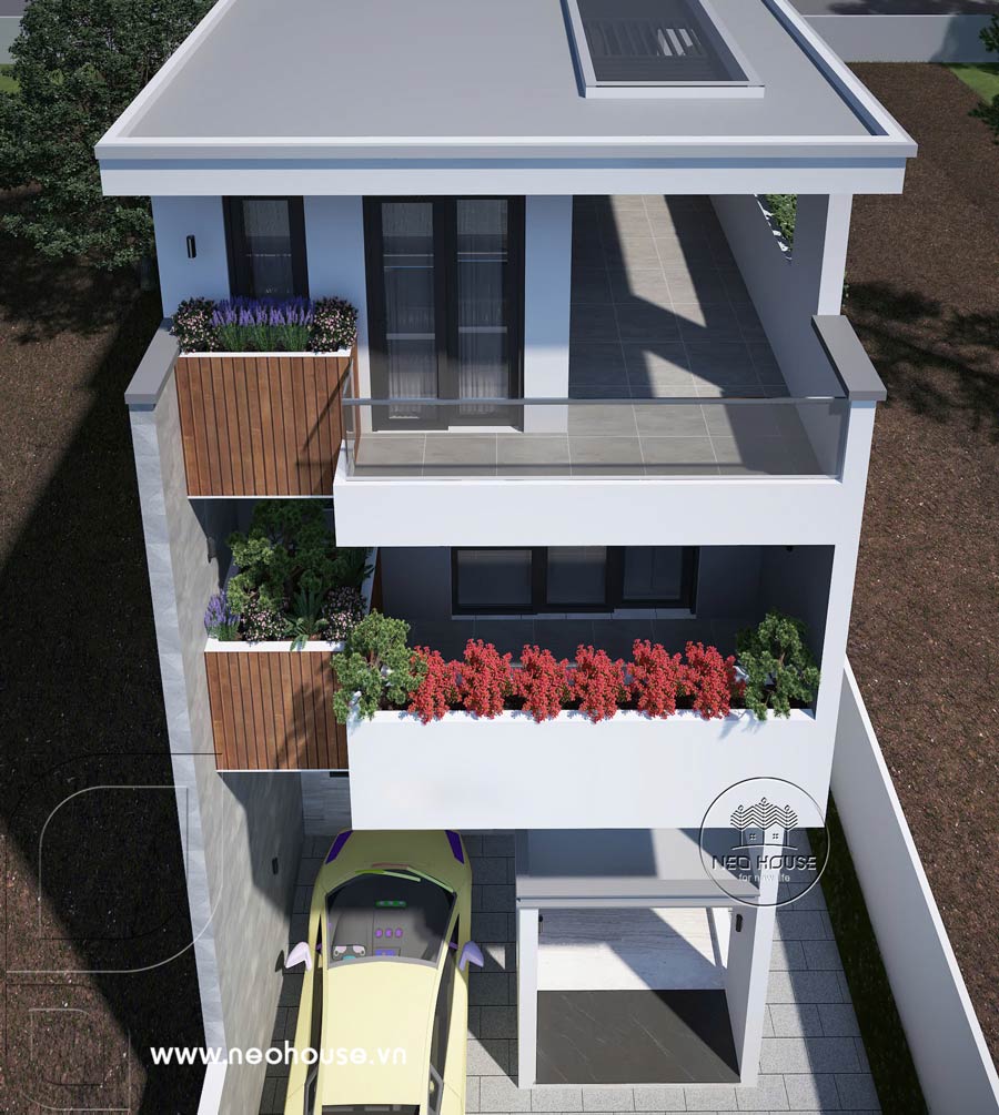 Phối cảnh 3D nhà phố hiện đại 3 tầng 1 lửng mặt tiền 6m tại Hóc Môn, HCM. Ảnh 7