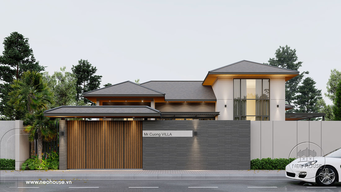 Phối cảnh 3D biệt thự 1 tầng có gác lửng hiện đại mái Nhật 120m2. Ảnh 1