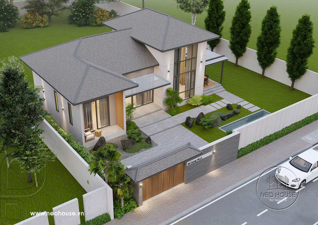 Phối cảnh 3D biệt thự 1 tầng có gác lửng hiện đại mái Nhật 120m2. Ảnh 4