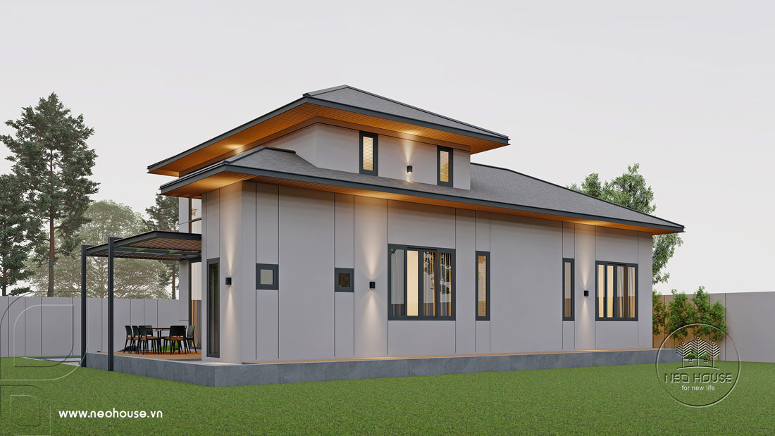 Phối cảnh 3D biệt thự 1 tầng có gác lửng hiện đại mái Nhật 120m2. Ảnh 5