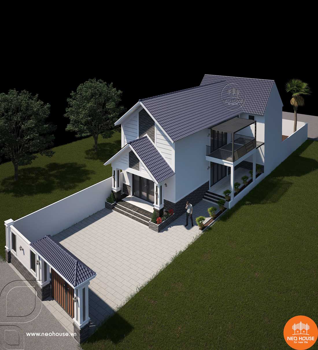 Phối cảnh biệt thự 1 tầng có gác lửng mặt tiền 8m 3 phòng ngủ. Ảnh 1