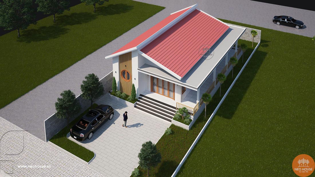 Phối cảnh 3D biệt thự hiện đại 1 tầng mái Lệch 8x12m tại Đồng Nai. Ảnh 3