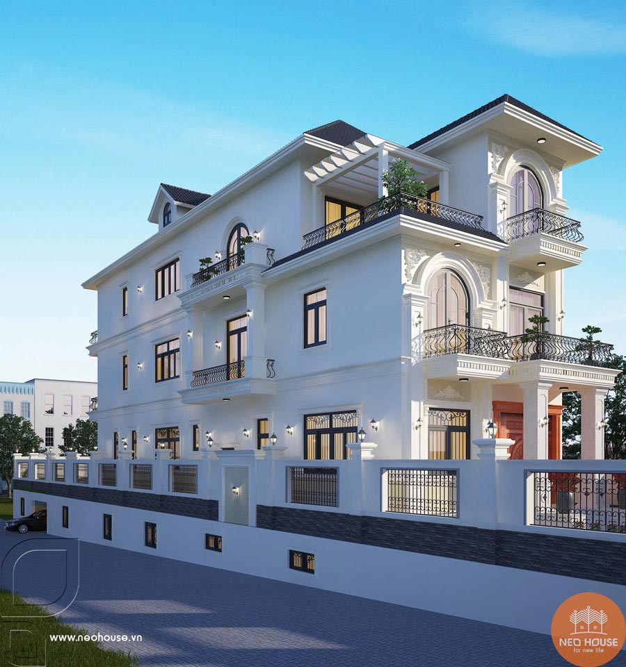 Phối cảnh biệt thự mái Nhật 3 tầng 6 phòng ngủ phong cách tân cổ điển tại Bình Dương. Ảnh 2