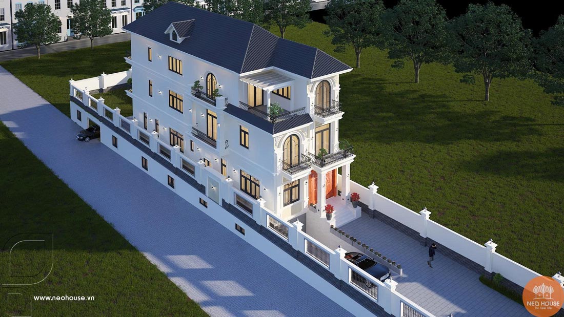 Phối cảnh biệt thự mái Nhật 3 tầng 6 phòng ngủ phong cách tân cổ điển tại Bình Dương. Ảnh 4